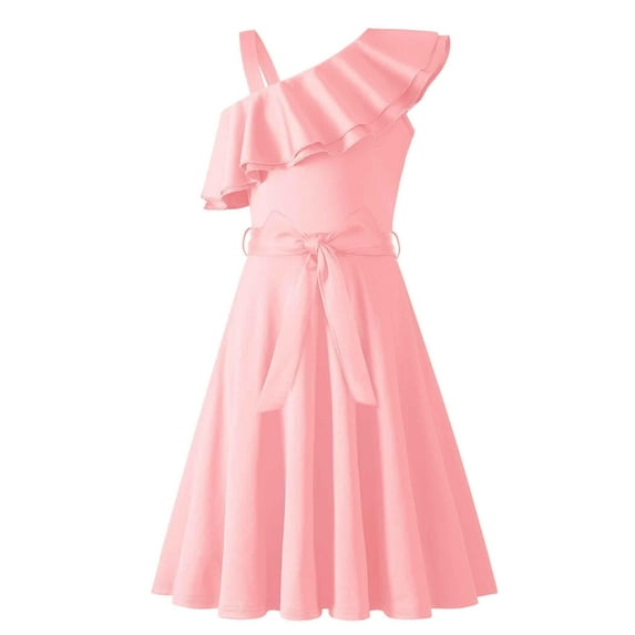 Arshiner Girls Dress One Shoulder Formal Ruffle Trim Birthday Party Dresses with Belted Pockets