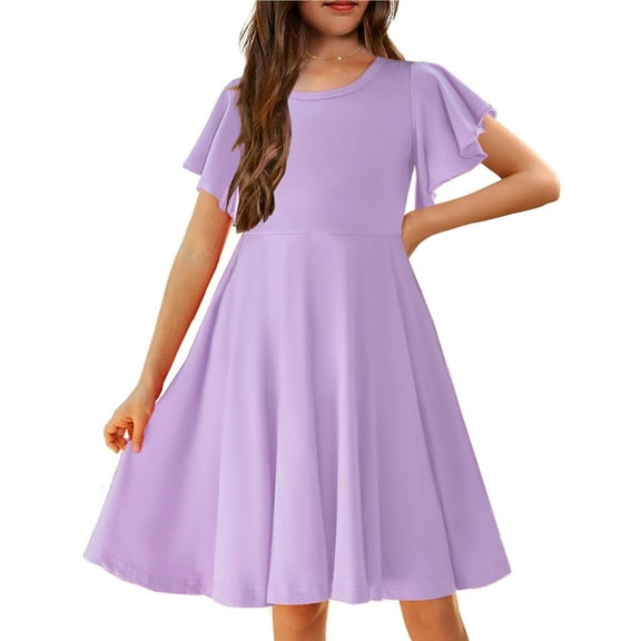 Arshiner Girl's Summer Dresses Ruffle Short Sleeve Swing Flowy Midi Casual Sundress with Pockets