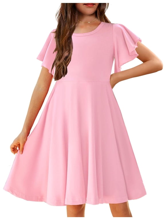 Girl's Summer Dresses Ruffle Short Sleeve Swing Flowy Midi Casual Sundress with Pockets