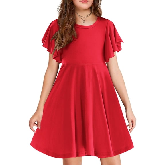 Arshiner Girl's Summer Dresses Ruffle Short Sleeve Swing Flowy Midi Casual Sundress with Pockets