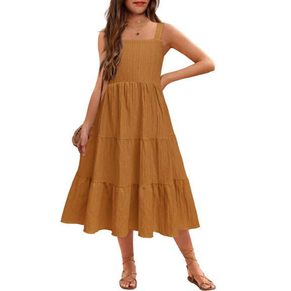 Arshiner Girl's Sundresses Summer Boho Strap Tiered Cami Maxi Dresses with Pockets
