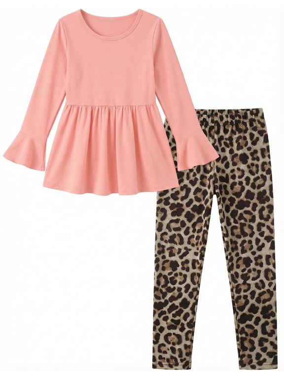 Girls 2 Piece Clothing Set Floral Ruffle Hem Bell Sleeve Top and Leggings Fall Winter Outfits