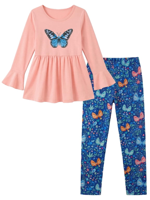 Girls 2 Piece Clothing Set Floral Ruffle Hem Bell Sleeve Top and Leggings Fall Winter Outfits