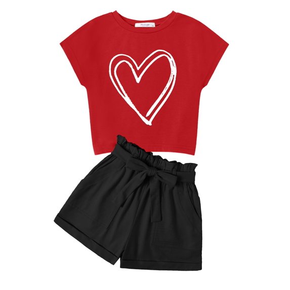 Arshiner Girls 2 Piece Outfit Summer Drop Shoulder Batwing Sleeve Tops and Paperbag Waist Shorts Set Cute Clothing