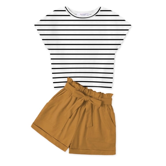 Arshiner Girls 2 Piece Outfit Summer Drop Shoulder Batwing Sleeve Tops and Paperbag Waist Shorts Set Cute Clothing