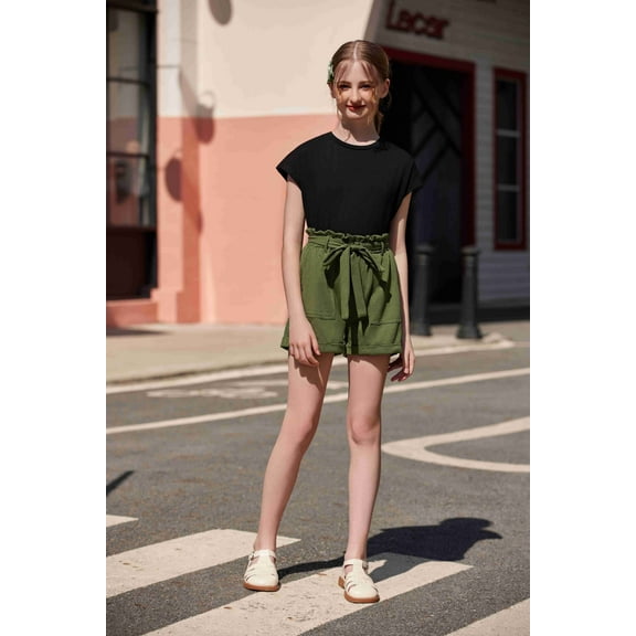 Arshiner Girls 2 Piece Outfit Summer Drop Shoulder Batwing Sleeve Tops and Paperbag Waist Shorts Set Cute Clothing