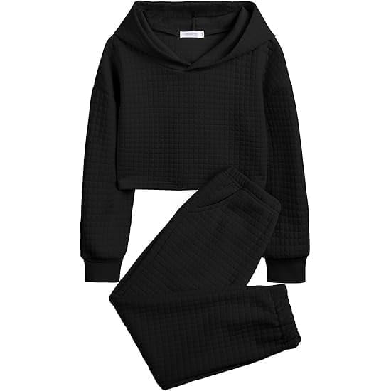 Arshiner Girl's 2 Piece Outfit Solid Waffle Long Sleeve Pullover Hooded Sweatshirt and Sweatpants Knit Sets Cute Child Tracksuits