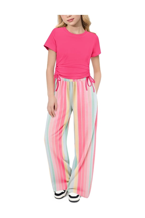 Girls 2 Piece Outfits Short Sleeve Ruched Drawstring Crewneck Tops and Wide Leg Pants with Pockets Clothing Sets
