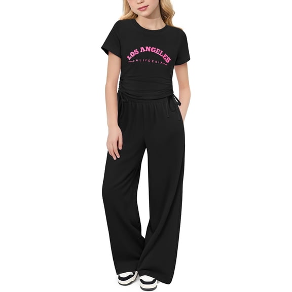 Arshiner Girls Clothing Sets Black Short Sleeve Ruched Side Knot Graphic Tops and Pants Kids Summer 2 Piece Outfits