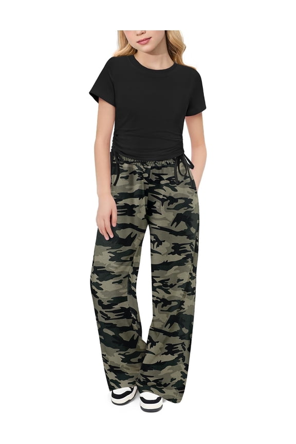 Girls 2 Piece Outfits Short Sleeve Ruched Drawstring Crewneck Tops and Wide Leg Pants with Pockets Clothing Sets