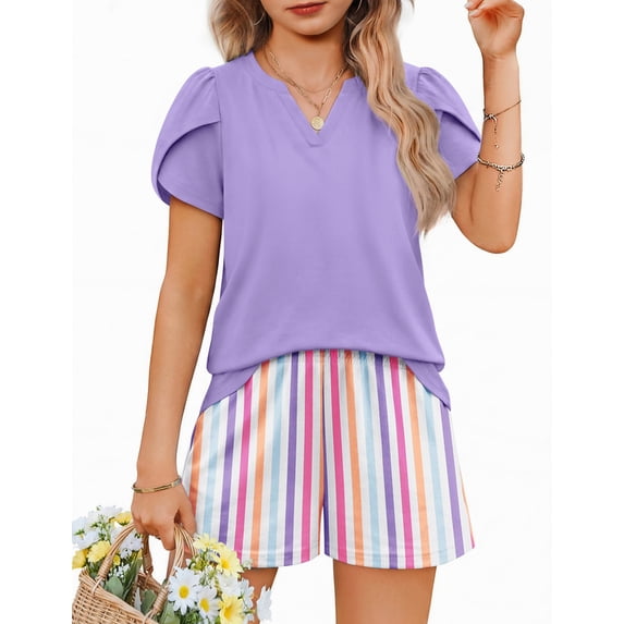 Arshiner Girls 2 Piece Outfits Summer Casual Clothing Sets | Girls V Neck Tops Sets, Petal Sleeve Tops and Elastic Waist Shorts, Girls Summer Outfits 5-13Y