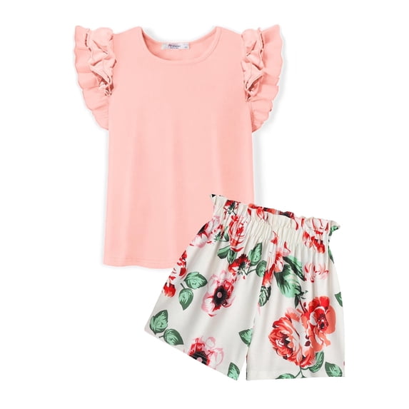 Arshiner Girls 2 Piece Summer Outfits Ruffle Short Sleeve Shirts Top and High Waist Paper Bag Shorts Set with Pockets