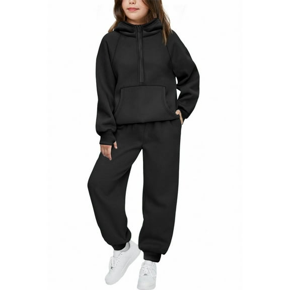 Arshiner Girls 2 Piece Outfits Tracksuit Drop Shoulder Hoodie Half Zip Sweatshirt with Sweatpants Joggers Set with Pockets
