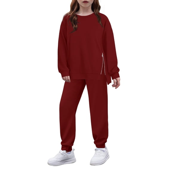 Arshiner Girls 2 Piece Outfits Tracksuits Casual Crewneck Sweatshirts Side Zipper Pullover and High Waisted Sweatpants Set