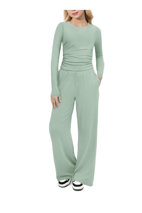 Girls 2 Piece Set Fall Outfits Lounge Sets Ruched Long Sleeve Top Wide Leg Pants Sweatsuit Clothing Set