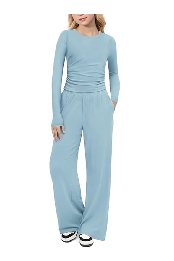 Girls 2 Piece Set Fall Outfits Lounge Sets Ruched Long Sleeve Top Wide Leg Pants Sweatsuit Clothing Set