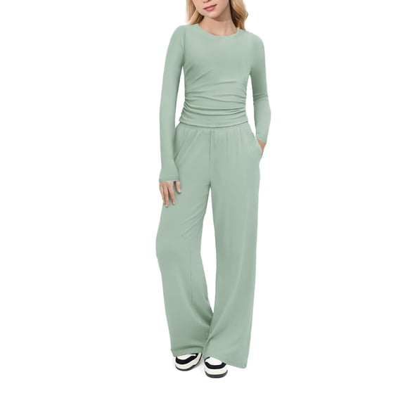 Arshiner Girls 2 Piece Set Fall Outfits Lounge Sets Ruched Long Sleeve Top Wide Leg Pants Sweatsuit Clothing Set