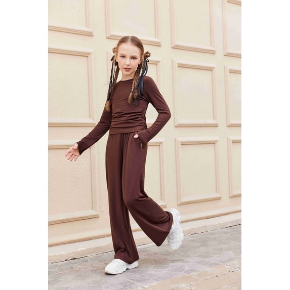 Arshiner Girls 2 Piece Set Fall Outfits Lounge Sets Ruched Long Sleeve Top Wide Leg Pants Sweatsuit Clothing Set