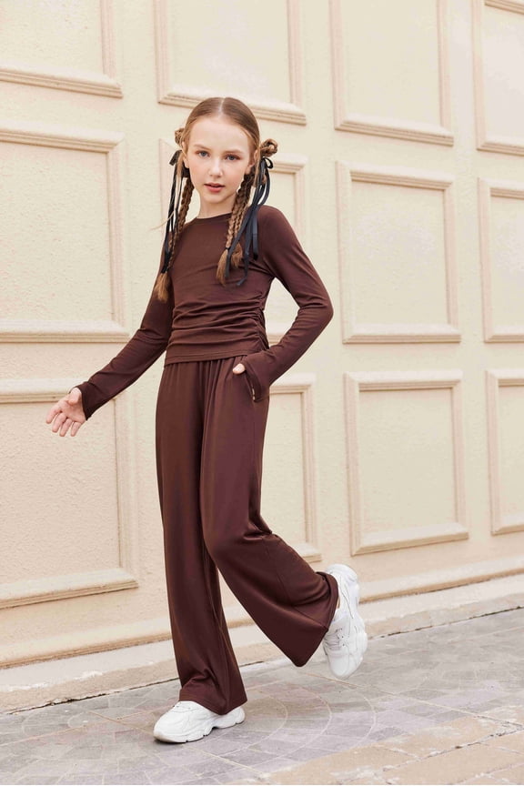 Girls 2 Piece Set Fall Outfits Lounge Sets Ruched Long Sleeve Top Wide Leg Pants Sweatsuit Clothing Set