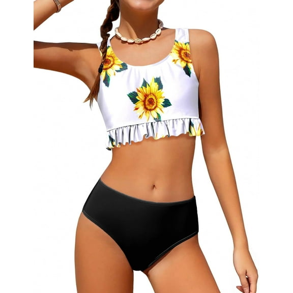 Arshiner Girls 2 Piece Swimsuits Tween Bathing Suit Kids High Waisted Bikini Padded Tankini Summer Beach Swimwear Set (Size 10-12, Blue Hibiscus Print)