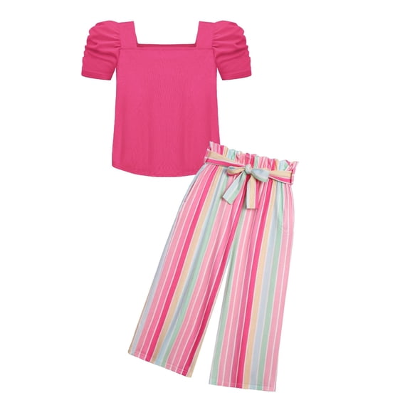 Arshiner Tween Girls Square Neck Puff Sleeve Pink Tops and Wide Leg Pants Set with Pockets Size 13-14 Years