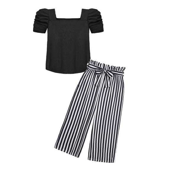 Arshiner Girls Summer Outfits Kids Square Neck Black Tops and Black Stripe Wide Leg Pants Set with Pockets 6-14 Years