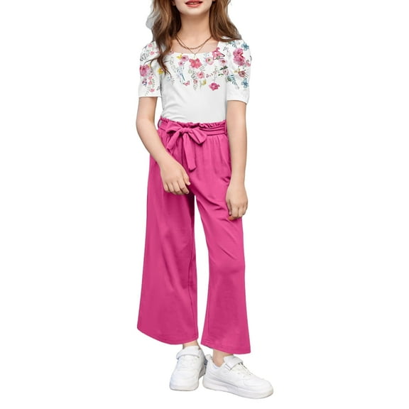 Arshiner Girls 2 Pieces Outfits Kids Square Neck Puff Sleeve Tops and Pants Set with Pockets