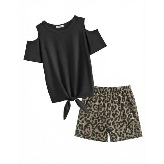 Arshiner Girls 2 Pieces Summer Outfits Short Sleeve Tie Knot T-Shirts and Casual Shorts With Pockets