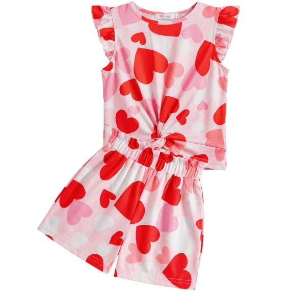 Arshiner Girls 2 Pieces Summer Outfits Twist Front Ruffle Sleeve T-Shirts and Shorts With Pockets Cute Clothes Sets