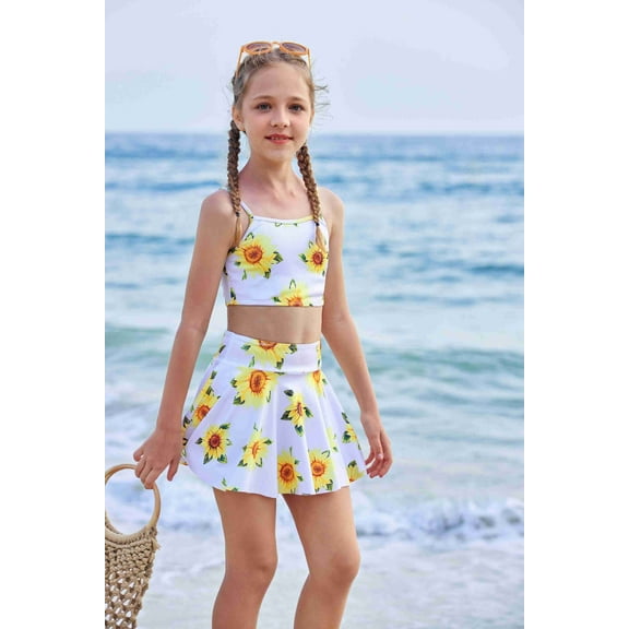 Arshiner Girls 3 Piece Swimsuit for Teen Girl Girl 3 Piece Swimsuits Bikini Bathing Suit Beach Surf Tankini Swimwear Black - Hibiscus Swim Suit For Girls 9-10 Years