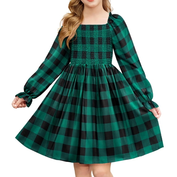 Arshiner Girls A-Line Dress Long Sleeve Smocked Skater Fall Winter Elegant Dress with Pockets