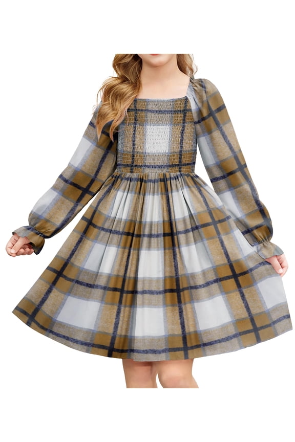 Girls A-Line Dress Long Sleeve Smocked Skater Fall Winter Elegant Dress with Pockets