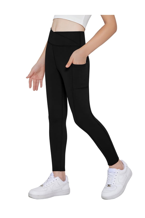 Girls Athletic Leggings with Pockets Kids Crossover High Waisted Dance Workout Running Yoga Pants