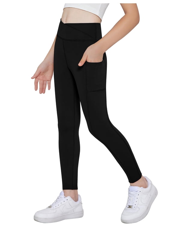 Girls Athletic Leggings with Pockets Kids Crossover High Waisted Dance Workout Running Yoga Pants