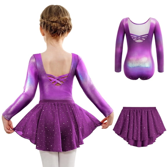 Arshiner Girls Ballet Leotards with Chiffon Dance Skirt Long Sleeve Crisscross Back Toddler Dance Outfit Combo
