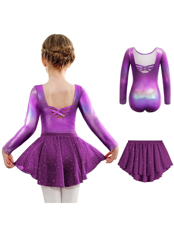 Girls Ballet Leotards with Chiffon Dance Skirt Long Sleeve Crisscross Back Toddler Dance Outfit Combo