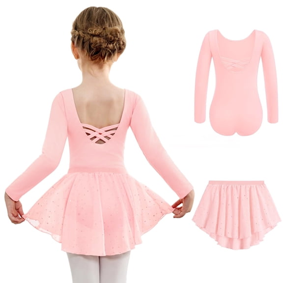 Arshiner Girls Ballet Leotards with Chiffon Dance Skirt Long Sleeve Crisscross Back Toddler Dance Outfit Combo