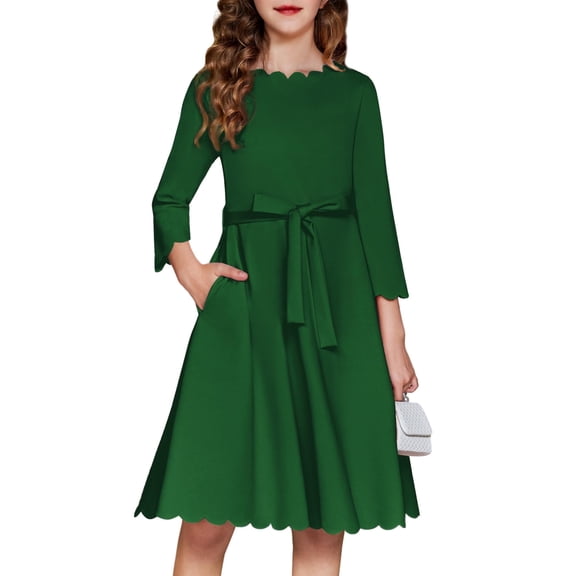 Arshiner Girls Black Dress Casual 3/4 Sleeve Scalloped Edge A-line Belted Dress with Pockets（Black，12-13Years）
