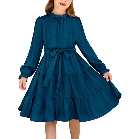 Arshiner Dresses for Girls Fall Long Sleeve Formal Tween Casual Tiered Dress Blue Size 12