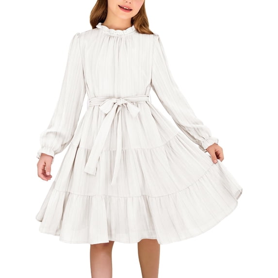 Arshiner Girls Fall Long Sleeve A-Line Dress Elegant Formal Occasion Tiered Swing Dress with Belt