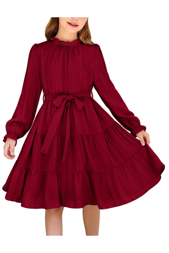 Girls Long Sleeve A-Line Dress Kids Formal Church Wedding Party Tiered Swing Dress with Belt