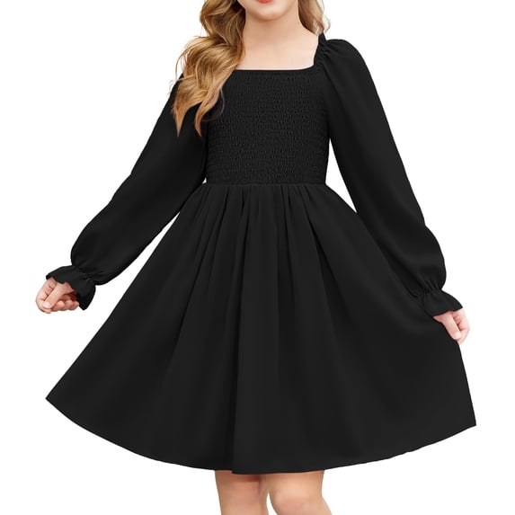 Arshiner Girls A-Line Dress Long Sleeve Smocked Skater Fall Winter Elegant Dress with Pockets