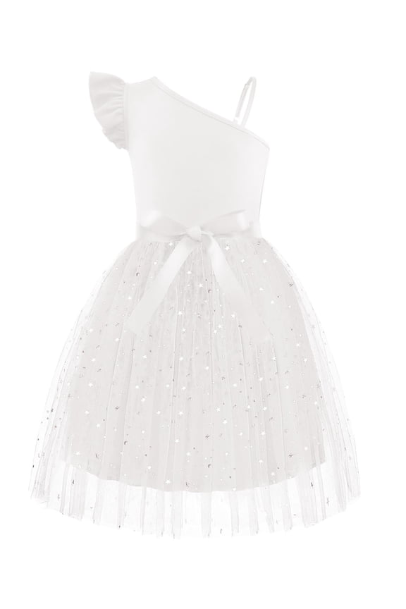 Girls Fancy Dress Summer Tulle Wedding Guest First Communion Bridesmaid Ruffle Sleeve Glitter Midi Sundress Outfits