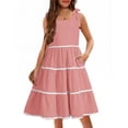 thumbnail image 1 of Arshiner Girls Bow-Tie Straps Smocked Backless Tiered Sundress with Pockets | Girls Summer Sleeveless Flowy Swing Lace Tiered Midi Dress for Kids 5-12 Years, 1 of 5