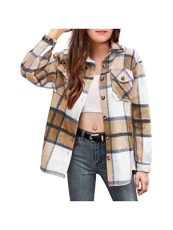 Girls Casual Flannel Plaid Jackets Button Down Long Sleeve Shirts Blouses Tops with Pockets