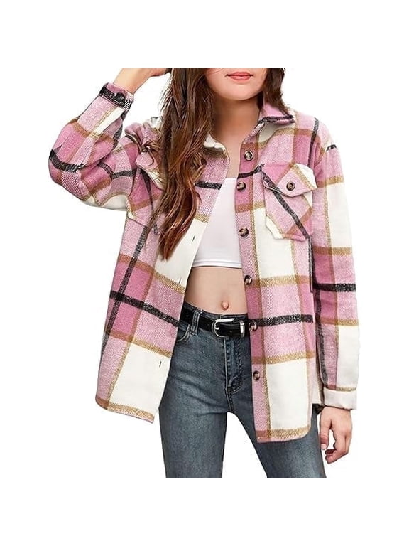 Girls Casual Flannel Plaid Jackets Button Down Long Sleeve Shirts Blouses Tops with Pockets