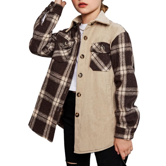 Arshiner Girls Casual Flannel Plaid Jackets Button Down Long Sleeve Shirts Blouses Tops with Pockets