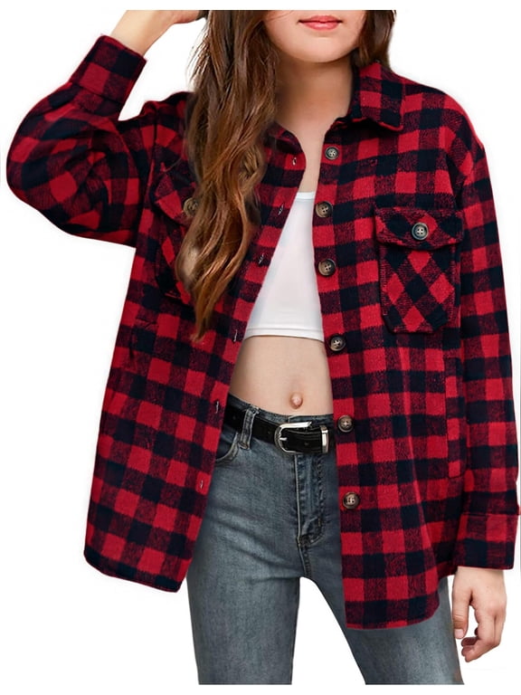Girls Casual Flannel Plaid Jackets Button Down Long Sleeve Shirts Blouses Tops with Pockets