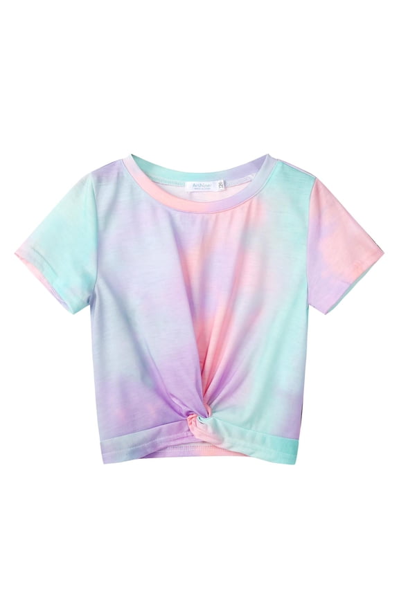 Girls Casual Short-Sleeve T-Shirt Cute Print Twist Front Summer Blouse for Girls Tunic Tee Tops