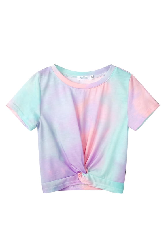 Girls Casual Short-Sleeve T-Shirt Cute Print Twist Front Summer Blouse for Girls Tunic Tee Tops